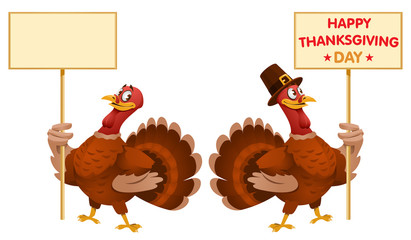 One turkey holds blank banner and another turkey holds Happy Thanksgiving Day banner. Cartoon styled vector illustration. Elements is grouped. No transparent objects. Isolated on white.