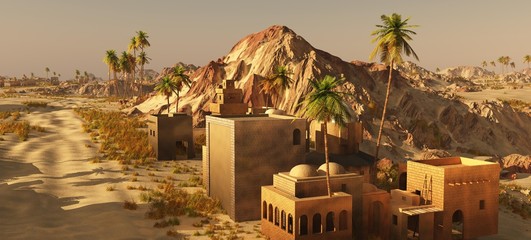 Arabic small town on desert, 3d rendering