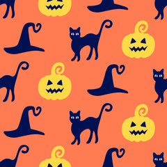 Halloween seamless pattern with hand drawn pumpkins, witch hats and cats doodles