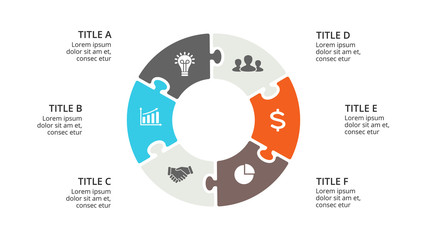 Vector circle puzzle infographic, cycle diagram, geometric graph, presentation chart. Business concept with 6 options, parts, steps, processes. 16x9 slide template.