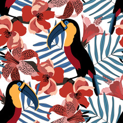 Tropical seamless pattern with cute toucans,flowers and leafs.Colorful vector summer background.Textile texture © julyjul