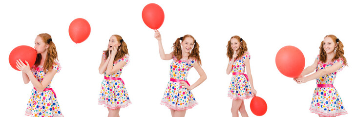 Young woman with red balloon isolated on white