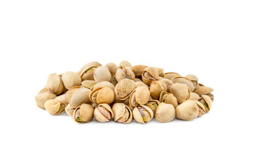 Heap of pistachios on white.