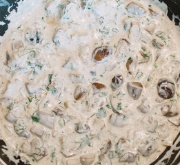 close up on mushroom sauce on a pan