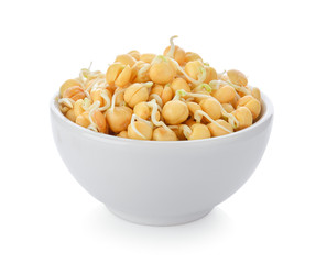 Germinated chickpeas in a bowl on white background