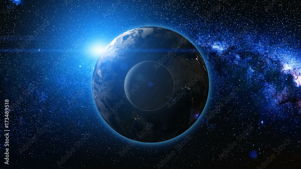Canvas Prints sunrise view from space on planet earth and moon. world rotating on its axis among stars. high detai