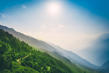 Tourist trail among green forest in Mountain Valley. Blue sky in the background. Trekking route to Everest Base Camp, Himalayas, Nepal. Holidays, travel, sport, recreation. Beautiful nature landscape