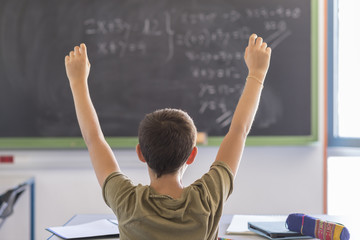 Student with hands up in classroom during a lesson - obrazy, fototapety, plakaty