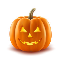 Scary pumpkin jack-o-lantern with creepy toothy smile and fiery glow inside realistic vector illustration isolated on white background. Traditional decoration, symbol of halloween holiday celebration