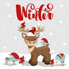 Winter is the inscription text on the grey background. Deer and winter birds.Vector illustration.