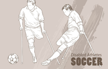 Hand drawn illustration. Amputee Football players. Vector sketch sport. Graphic silhouette of disabled athletes on crutches with a ball. Active people. Recreation lifestyle. Handicapped people. - 173492315