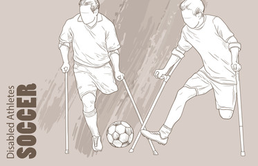 Hand drawn illustration. Amputee Football players. Vector sketch sport. Graphic silhouette of disabled athletes on crutches with a ball. Active people. Recreation lifestyle. Handicapped people. - 173492327