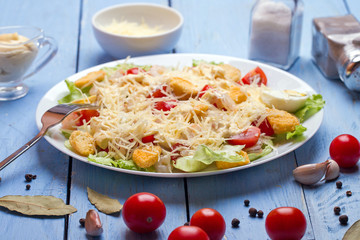 Seafood Caesar Salad with Shrimps, Salad Leaf, Croutons, Cherry Tomato and Parmesan Cheese