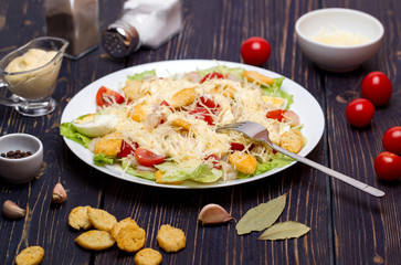Seafood Caesar Salad with Shrimps, Salad Leaf, Croutons, Cherry Tomato and Parmesan Cheese