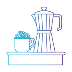porcelain mug with pile coffee beans and metallic jar of coffee with handle gradient color silhouette from blue to purple vector illustration