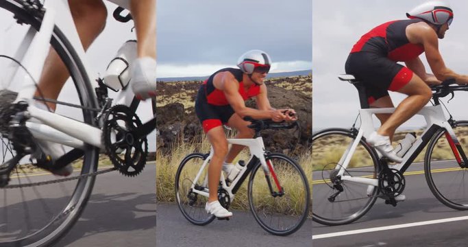 Triathlon cycling - male triathlete biking on triathlon bike. Fit man cyclist on professional triathlon bicycle wearing time trail helmet for ironman race. Composite.