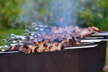 meat on the grill skewers smoke