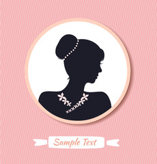 Retro woman head silhouette in round frame. Vector Isolated woman half face. Vintage lady portrait