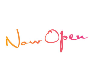 Golden glitter isolated hand writing word NOW OPEN