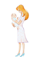 Hand-drawn watercolor illustration of pretty young mother holding newborn smiling and looking kindly at him