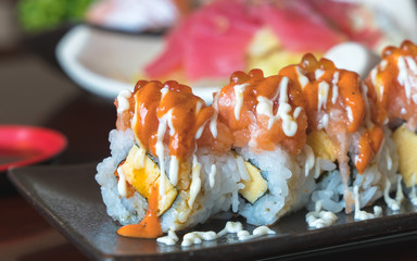 Japan luxury tradition food "Faty Salmon Sashimi" serve with wasabi and shoyu sauce