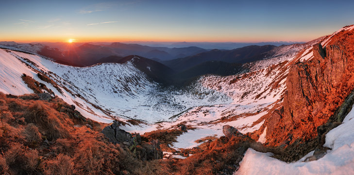 Fototapeta Sunset in winter - autumn mountain