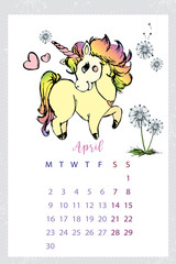 Calendar 2018 with unicorn,hand drawn template