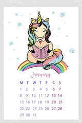 Calendar 2018 with unicorn,hand drawn template