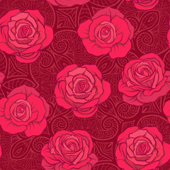 Seamless pattern with red roses on background with vintage patte