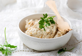 Chicken pate into the white bowl