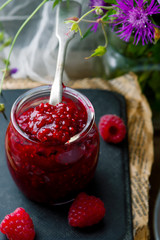 Homemade Easy Raspberry Filling in to the jar