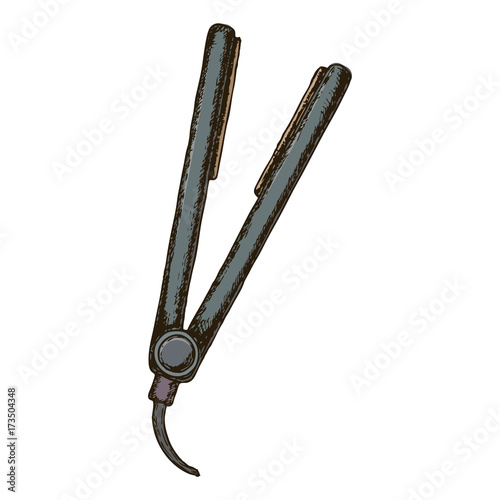 "Hair straightener on white background, sketch illustration. Vector