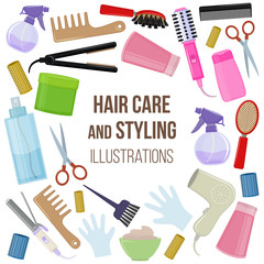 Set of colorful equipments for styling and hair care. Products and tools for home remedies of hair care. Vector
