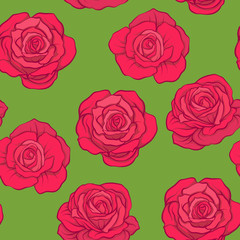 Seamless pattern with red roses on green background. Stock vecto