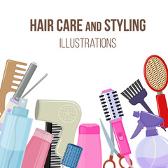 Set of colorful equipments for styling and hair care. Products and tools for home remedies of hair care. Vector