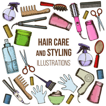 Set of sketch equipments for styling and hair care. Products and tools for home remedies of hair care. Vector