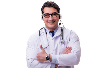 Young doctor with phone headset isolated on white
