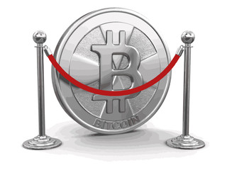 Silver bitcoin  and chrome stanchions with rope. Image with clipping path