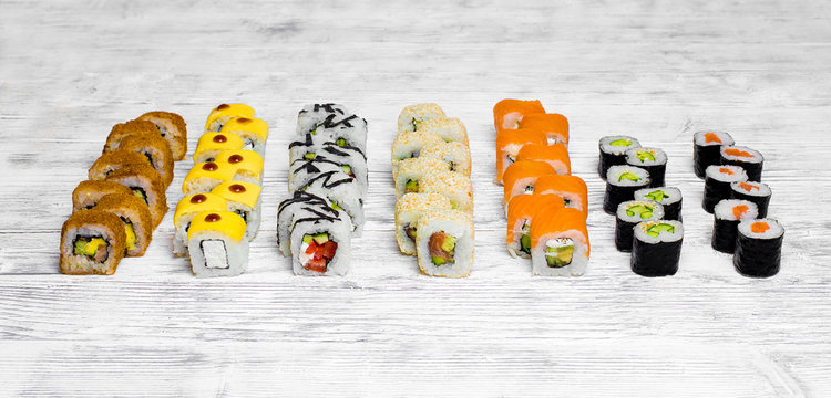 sushi and rolls on a white background. isolate
