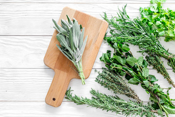 flat lay with fresh herbs and greenery for drying and making spices set on white wooden kitchen background