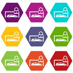 Car and padlock icon set color hexahedron