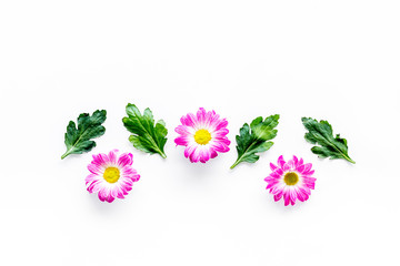 Floral pattern with pink flowers and green leaves on white background top view copyspace