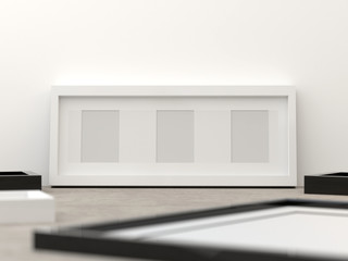 Blank picture frame templates in a living room wall, 3D render
