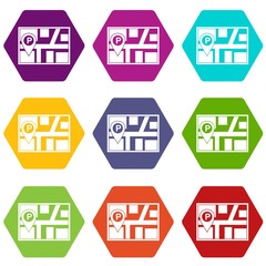 Map with car parking pointer icon set color hexahedron