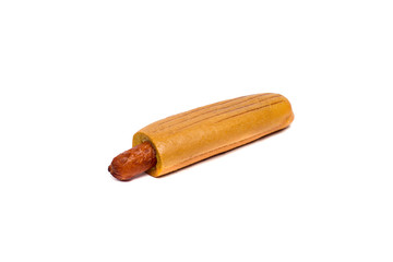 An old-fashioned hot dog with mustard, on a sesame seed bun. Shot on white background