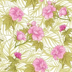 Fototapete Rund Seamless pattern with pink peony in Japanese style. Vector stock © Elen  Lane