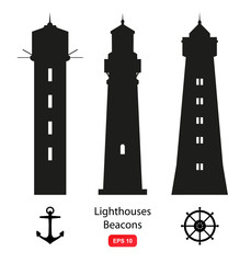Vector set of isolated silhouettes with lighthouses, beacons and marine symbols