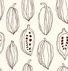 Seamless pattern with cocoa beans. Decorative vector contour chocolate background