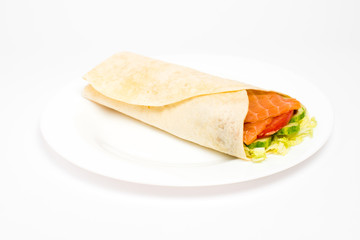 Burrito with grilled chicken and vegetables isolated on white background