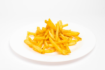 Potatoes fries in the plate isolated on white